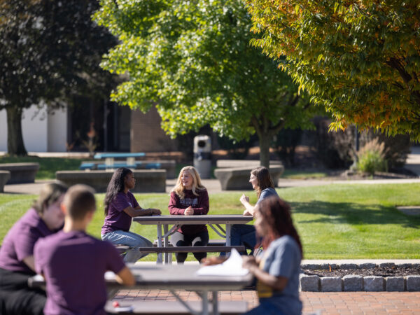 A group of students sitting at an outdoor picnic table under trees on LCCC's sunny campus, studying and conversing together.