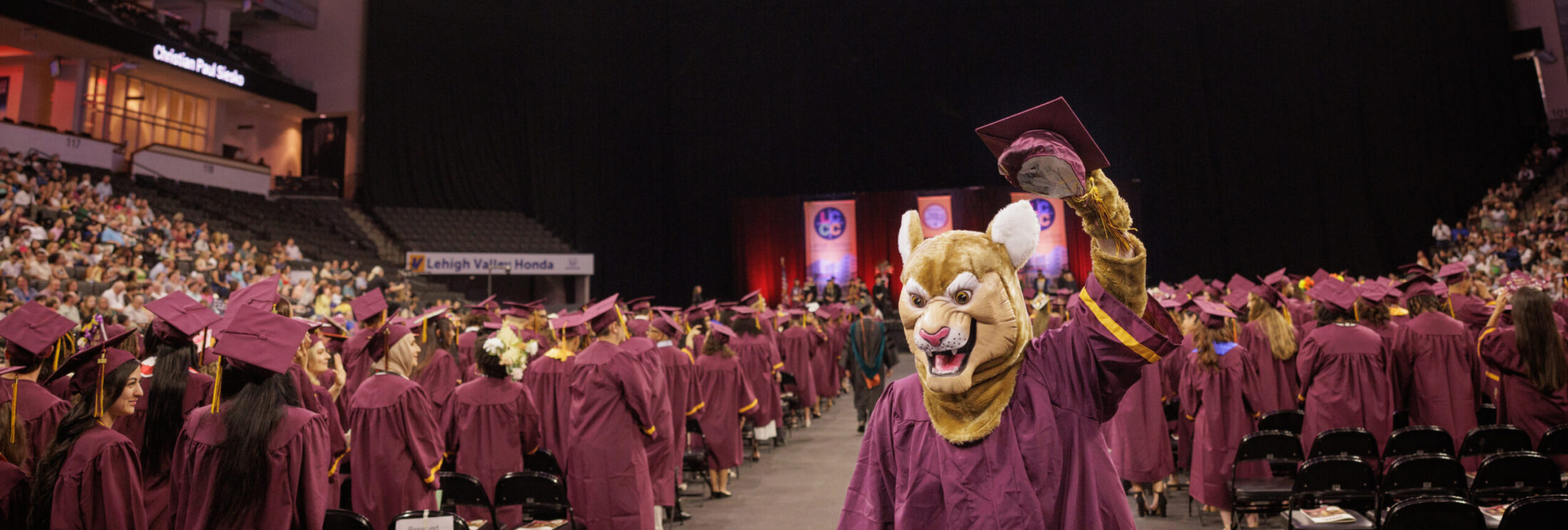 A mascot resembling a cougar wearing a maroon graduation gown, stands in the foreground of a crowded indoor arena during a commencement ceremony. The mascot is facing the camera and holding up a maroon graduation cap in celebration. In the background, numerous graduates in matching maroon gowns and caps are seated or standing throughout the arena floor and stadium seating.