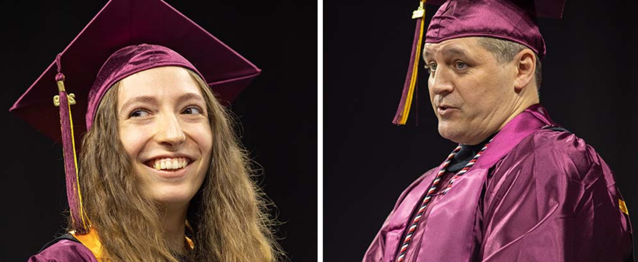 Two separate photos are shown. The photo on the left is a close up of a woman's face. She is wearing a maroon graduation cap and gown. The photo on the right is of a man wearing the same style of maroon graduation cap and gown.