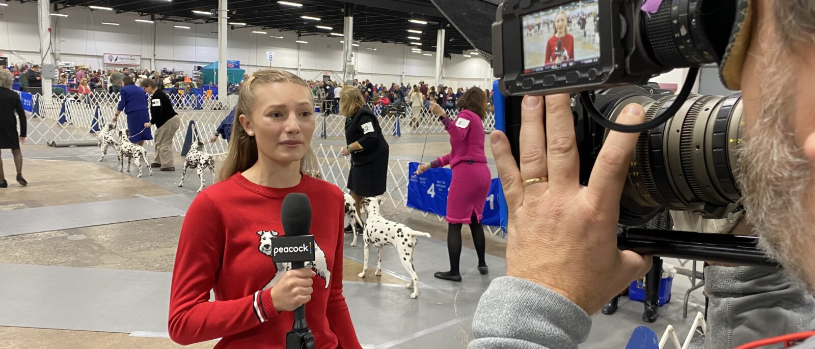 A teenager in a red shirt holds a microphone in front of a video camera in a room filled with dogs.