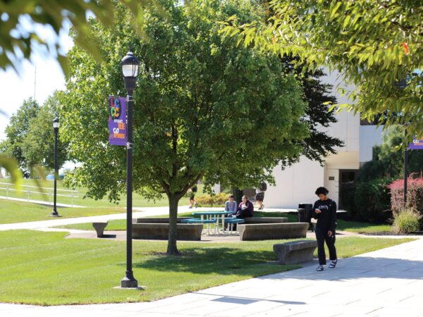 A bright, sunny outdoor scene at Lehigh Carbon Community College (LCCC) featuring a paved walkway and a green lawn. A black lamp post with a purple LCCC banner stands nearby. In the background, a few students are walking or standing near a campus building.