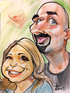 A caricature of a bald man and blonde woman.