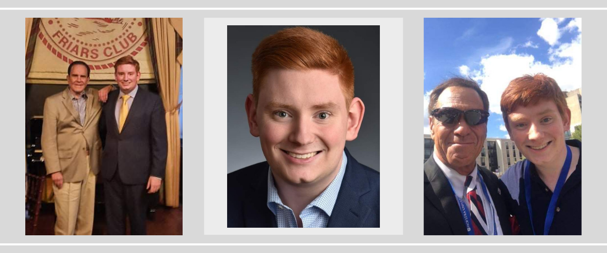 Three photos appear side by side. The first photo on the left features two men in suits, the middle features a close up of a young man with red hair in a suit and the photo on the far right features the same young man posing with a man in sunglasses.