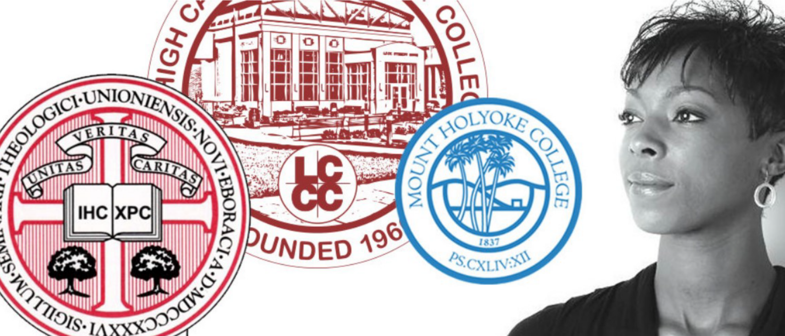 Quanita Hailey is in black and white on the right side of the image with the official college seals of LCCC and Mount Holyoke to the left.
