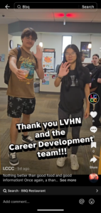 Image shows a screenshot of an ambassador-produced TikTok video, which shows two students in the Career Development Center.