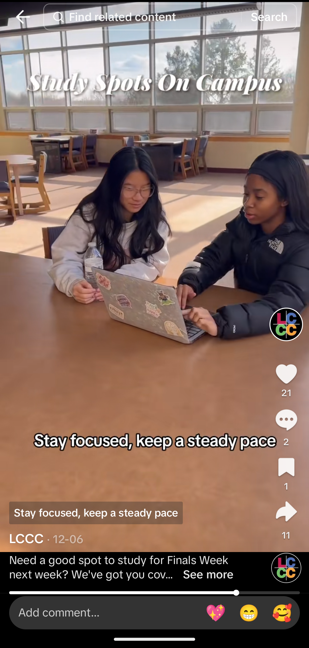 Image shows a screenshot of an ambassador-produced TikTok video featuring study spots on campus, which shows two students in the library.