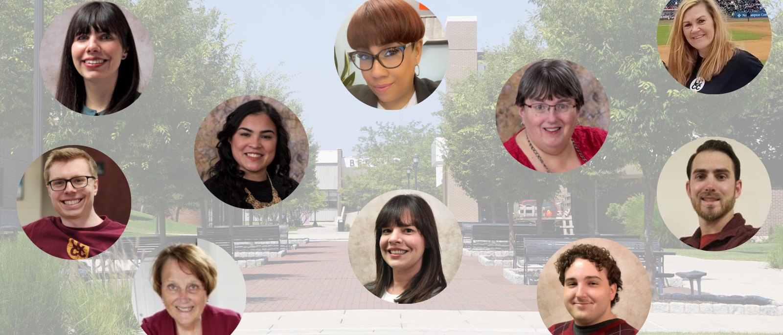 Small circular photos of employees are scattered across a lightened exterior photo of the LCCC main campus.