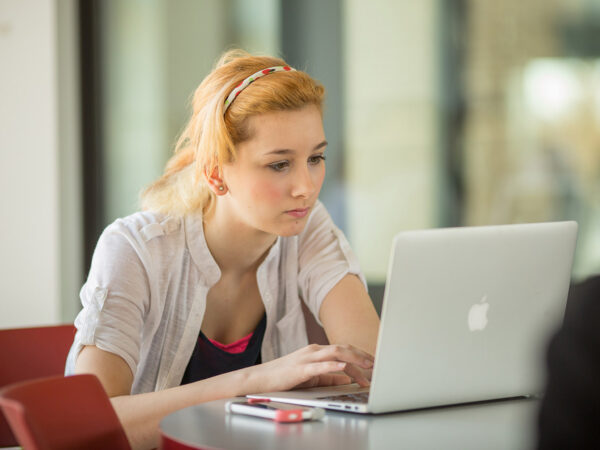 Image shows a student using a laptop at a table.