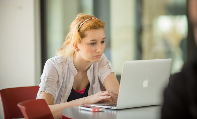 Image shows a student using a laptop at a table.